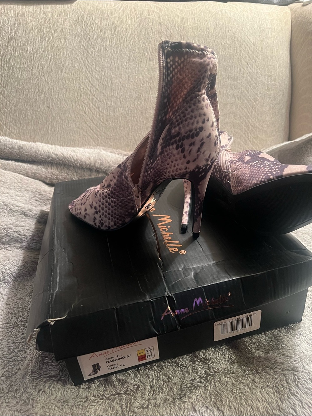Anne Michelle Lavender Snake-Print Stiletto Ankle Boots